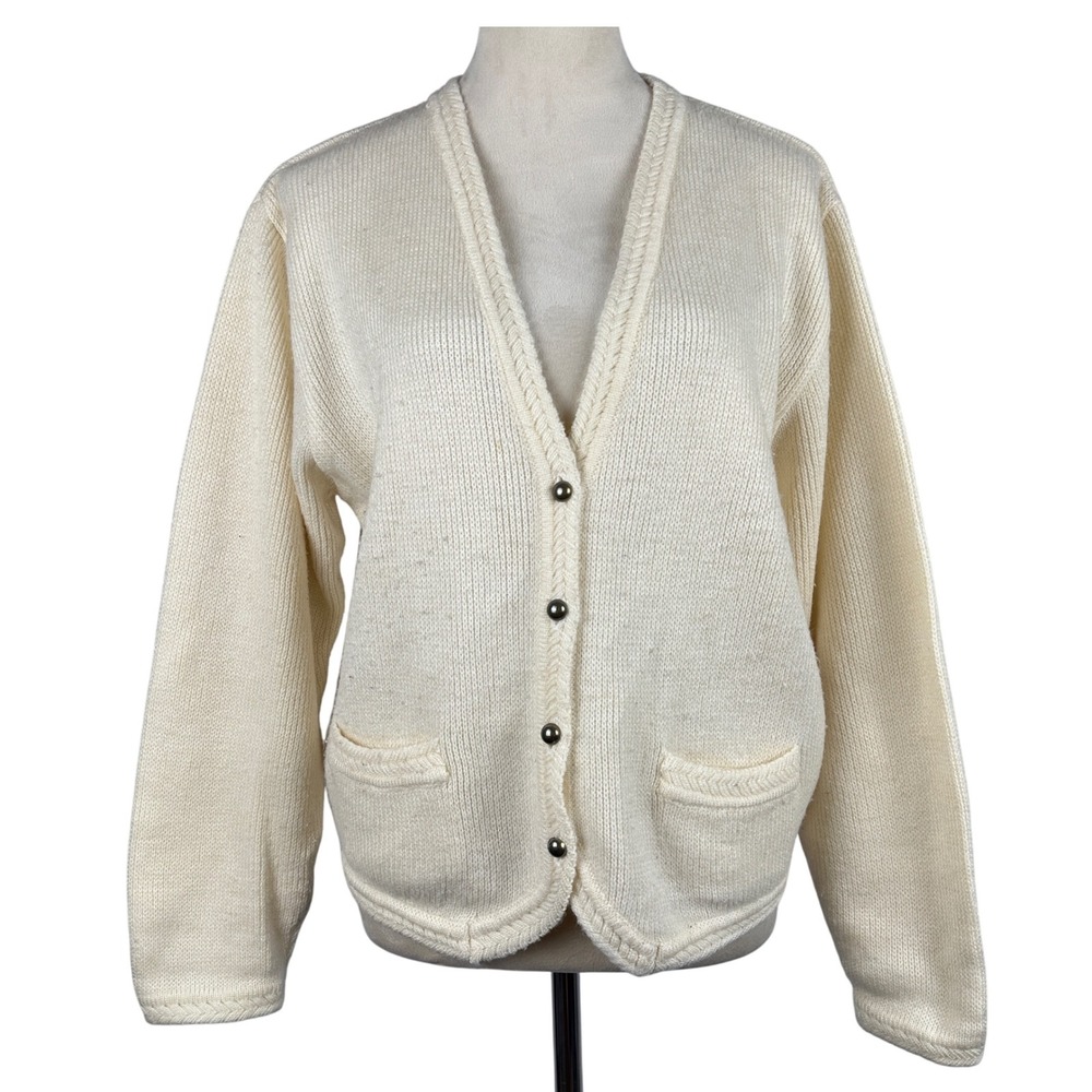 Karen Scott Cream Wool Blend Cardigan Sweater Womens Knit Button Front Pockets